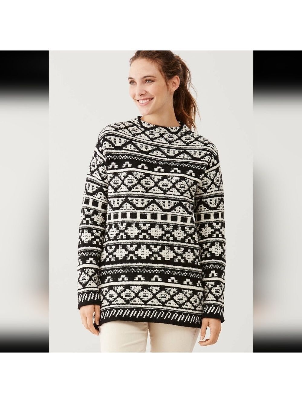 J. Jill Oversized Mock Neck Cotton Wool Blend Fair Isle Pullover Sweater XS